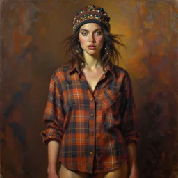 detailed full body portrait in daring femininity, ethnic, realistic face sculpted features, statuesque model, plaid untucked shirt, tousled hair, knit cap, warm cast, bathed in light, chiaroscuro, embellished accents, cinematic lighting, specular highlights, angular impressionism, radiant, deep rich tones, contemporary art, oil on canvas