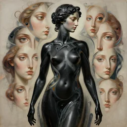 epic concept art. abstract female silhouette mixing with black and color liquid fluid carbon. abstract sculpture. art deco swirls. 1 7 th century masterpiece by michelangelo. concept art, matte painting, close up portrait photography by amy leibowitz, multiple female eyes. greg rutkowski, 3 d, wlop, victo ngai, greg ruthkowski, kandinski
