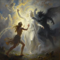 there stands a benevolent celestial being in the midst of a horizontal scene. evil and badness attack the celestial being from one side, but from his other side emerges light and life. the celestial being is a conduit. light and life emanate from the celestial being. | painting by craig mullins