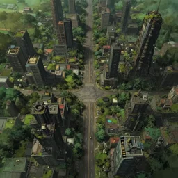 an anime cinematic keyframe of a post - apocalyptic city covered by nature roads seen from above rendered by studio ghibli, cenital shot, by andrea rochas, rule of thirds, golden ratio, ambient lighting, wlop, artgerm, artstation, highly detailed masterpiece, dark fantasy art, high detail, trending on artstation