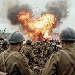a rare 1 9 2 0 s close - up photograph of soldiers on the battlefield, graphic, explosions, bloody,, dirty, grainy