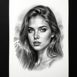 tattoo design sketch of a beautiful girl portrait faded in a mountain background, in the style of den yakovlev, realistic face, black and white, realism tattoo, hyper realistic, highly detailed