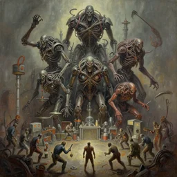 oil paint of 1 1 horrifying machines as autolysis idols, in tiers, medical equipment melee, battle pit, by wayne d barlowe, jack kirby, boris vallejo, stefano tamburini, torch light, muted colors, epic, hyper detailed, awe inspiring, award winning horror, hyper realism, cinematic