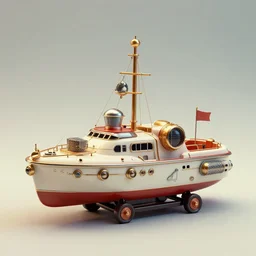 promotional photograph of an atompunk toy boat (1955), retrofuture