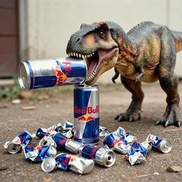 old photo of a dinosaur drinking a giant tin of red bull, on the ground there are many crumpled tins of red bull