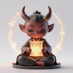 a tiny adorable demonic samurai meditating, wrapped in sacred parchment with glowing text, smooth, intricate, elegant, digital painting, artstation, power runes, pulsing energy, concept art, sharp focus, octane render, illustration, art by shintaro kago and moebius, overwatch character,