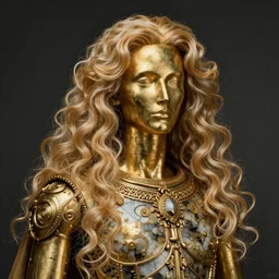 an expensive obsidian gilded android showing off his long fluffy blond curly hair by rembrandt