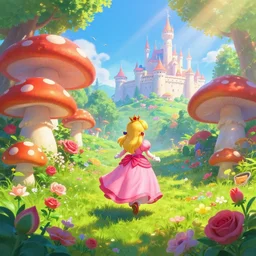 portrait of princess peach from Mario, running up a hill of exotic flowers in the Mushroom Kingdom, giant red and white spotted mushrooms, and roses, from behind, Castle in distance, birds in the sky, sunlight and rays of light shining through trees, beautiful, solarpunk!!!, highly detailed, digital painting by Michael Garmash and Peter Mohrbacher