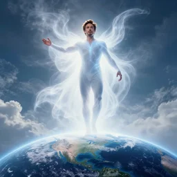 robert downey jr as a magnificent spectral being in the heavens, looking down at earth, beautiful lighting, dynamic lighting