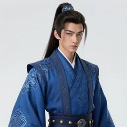 male martial artist!! manchu queue pigtail hairstyle!!!! asian facial features and blue eyes!! intricate ornate blue robes!! character concept art, sharp focus, octane render! unreal engine 5! highly rendered!! trending on artstation!! detailed linework!! illustration by artgerm, wlop, and chie yoshii