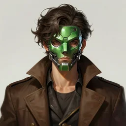 a highly detailed illustration of young thick wavy messy haired guy wearing mechanical green face mask and brown noir coat, clean shaven, dramatic bored expression, intricate, elegant, highly detailed, centered, digital painting, artstation, concept art, smooth, sharp focus, league of legends concept art, wlop