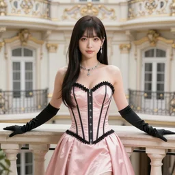 luxury advertisement. japanese j - pop av idol actress in, corset dress, gloves, at balcony set in baroque luxury. 4 k 8 k huhd 1 6 k instagram photo at behance, epic cinematic movie shot, hollywood. kodak portra, fujifilm superia. adobe lightroom, photoshop, pixlr, affinity, luminar