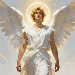view from below, portrait of a beautiful young fit male angel with curly blond hairs, dressed with fluent clothes, majestic symmetrical white wings, luminous halo, by greg rutkowski and alphonse mucha, gradient white to gold, in front of an iridescent background, highly detailed portrait, digital painting, artstation, concept art, smooth, sharp focus illustration
