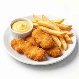 plate of chicken tenders with fries, honey mustard on the side