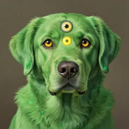 hyperrealist, studio ghibli painting of a green labrador retriever with shaggy green fur and green dye opening its third eye, three eyes, middle eye is glowing yellow, third eye in the middle of the head