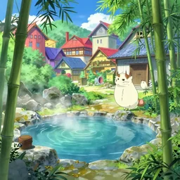 a natural hotspring in the courtyard of a colorful kitsune wizard college, anime movie background, key visual, bamboo, a fantasy digital painting by makoto shinkai and james gurney, trending on artstation, highly detailed