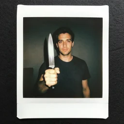 a polaroid photo of a man holding a knife, realistic