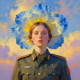 portrait, giant flower as a head, woman in military uniform, blue and yellow, surreal photography, golden hour, colorful clouds, impressionist painting, digital painting, artstation, simon stalenhag