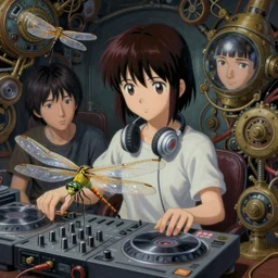 surreal gouache painting, by yoshitaka amano, by ruan jia, by conrad roset, by good smile company, detailed anime 3d render of a dragonfly on a DJ mixer, portrait, cgsociety, artstation, rococo mechanical and eletronic, dieselpunk atmosphere