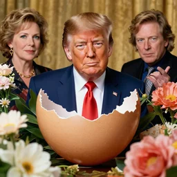 donald trump photographed in an eggshell, surrounded by flowers, by anne geddes