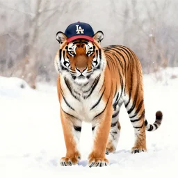 a bengal tiger wearing a baseball hat, standing in the snow, watercolor painting