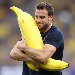 a photograph of michael balzary hugging a big banana