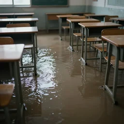 photo of a classroom, the floor is flooded with one meter deep water. eerie, volumetric lighting