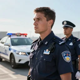 octane render, unreal engine, man getting arrested by police, police car in background with bright police sirens, lens glare, dramatic lighting, cinematic, establishing shot, extremely high detail, photo - realistic, cinematic lighting