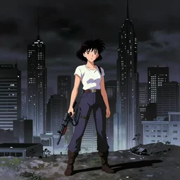 Chloe Sevigny carries a plasma rifle around Metro Manila in a gloomy cyberpunk anime from the 90s by Mamoru Oshii, wide shot