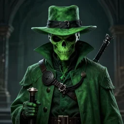 A closeup of a green Plague Doctor by Greg Rutkowski, Bloodborne, 4k photorealistic, volumetric lighting, HD, high details, dramatic, dark atmosphere, trending on artstation