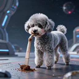 a mini poodle pooping in a cricket's mouth, sci - fi, space, futuristic