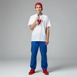 a full body shot of an average white, short young - adult man with blue colored hair, wearing a red backwards cap, white t - shirt with a red no symbol on it, blue long pants and red shoes, holding a microphone, studio lighting, photoshoot, grey background