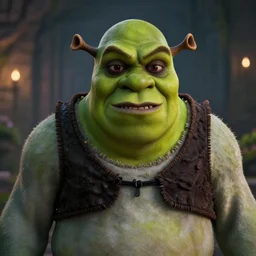 a HORRIFYING portrait of shrek. (unsettling and terrifying). bokeh, ultra hd, highly detailed.
