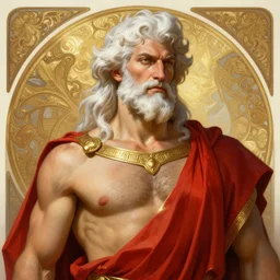 painted portrait of rugged zeus, god of thunder, greek god, white hair, masculine, mature, handsome, upper body, red and gold, v shape, muscular, hairy torso, fantasy, intricate, elegant, highly detailed, digital painting, artstation, concept art, smooth, sharp focus, illustration, art by gaston bussiere and alphonse mucha