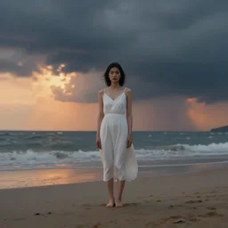 portrait of beautiful asian female with white dress standing lonely on the beach, stormy landscape by malczewski, landscape by jakub rozalski, cinematic composition, surreal photography, sunset, dramatic light, digital painting, artstation, simon stalenha, greg rutkowski