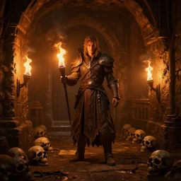 delicious torch lit prison dungeon jail cell alchemist light magic skulls scattered around atmospheric unreal engine hyperreallistic render 8k character concept art masterpiece screenshot from the video game the Elder Scrolls V: Skyrim moody orange 2700K global illumination