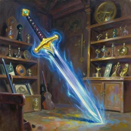 classical oil painting of anime environment concept art featuring a sword enchanted with energy, weapon shop interior, legendary item, shelf, fantasy, trending on artstation, stylistic, brush strokes, oil, canvas, by kawacy and makoto shinkai