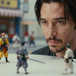 beautiful hyperrealism three point perspective film still of keanu reeves as samurai scene in kagemusha ( 1 9 6 0 ) extreme closeup portrait in style of 1 9 9 0 s frontiers in porcelain miniature street photography seinen manga fashion edition, miniature still life, focus on sword, eye contact, tilt shift style scene background, soft lighting, kodak portra 4 0 0, 8 k, macro, cinematic style by emmanuel lubezki