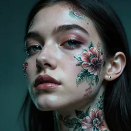 hyperrealistic hyper detailed neo-surreal close-up 35mm portrait of cyborg covered in rococo flower tattoos matte painting concept art hannah yata very dramatic dark teal lighting low angle hd 8k sharp shallow depth of field
