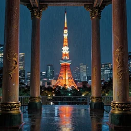 neo tokyo in a rainy night, adorned pillars, towers, landscape, alex ross, neal Adams, david finch, concept art, matte painting, highly detailed, rule of thirds, dynamic lighting, cinematic, detailed, denoised, centerd