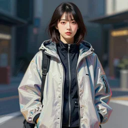 a color sketch of a futuristic streetwear anorak for a japanese woman