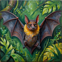 jungle bat by pablo picasso, oil on canvas, hdr, high detail, photo realistic, hyperrealism, matte finish, high contrast, 3 d depth, centered, intricate, masterpiece, vivid and vibrant colors, enhanced light effect, enhanced eye detail, artstationhd