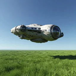 exploration carrier Spaceship hovering over an alien green grassy field on a planet, cinematic perspective, daylight, blue sky, detailed, 4k, Artstation