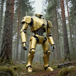 steampunk mech standing in a swedish forest, very low angle photograph, minimalist, brass plates, trending on artstation, realistic, soft colors, simon stålenhag