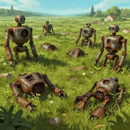A ruined and destroyed meadow with various ancient, rusting robots laying abandoned on the land as plants grow over them, Greg Rutkowski, ArtStation, Deviantart, HD screenshot