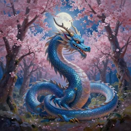 a beautiful painting of a dragon in a cherry blossom forest, volumetric lighting, moonlit by greg rutkowski and kalin popov, trending on artstation, masterpiece,