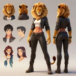 beautiful full body portrait of a strong female anthropomorphic lioness fursona wearing biker clothes. character reference sheet with front, back and side profiles. character design by disney, anime, manga, charlie bowater, ross tran, artgerm, and makoto shinkai, detailed, soft lighting, rendered in octane