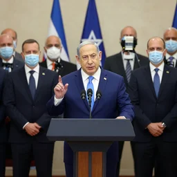 photograph of Benjamin Netanyahu giving a speech while many bodyguards wearing suits and medical masks are standing behind him ,a podium is in front of him, official media, 4K, news photography