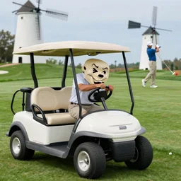 a golf cart with a twisted smile eating a golfer at the windmill hole, photo realistic, 4 k, hdr