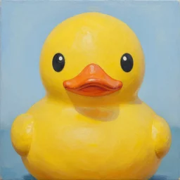 portrait of a yellow rubber duck by beeple, oil on canvas.
